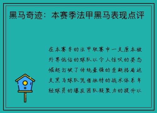 黑马奇迹：本赛季法甲黑马表现点评
