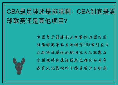 CBA是足球还是排球啊：CBA到底是篮球联赛还是其他项目？
