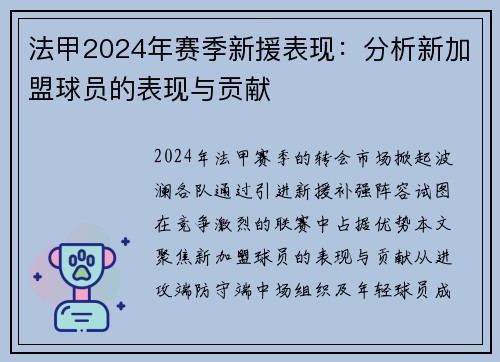 法甲2024年赛季新援表现：分析新加盟球员的表现与贡献