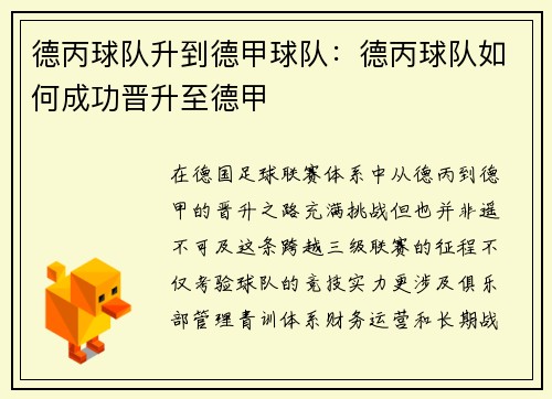 德丙球队升到德甲球队：德丙球队如何成功晋升至德甲